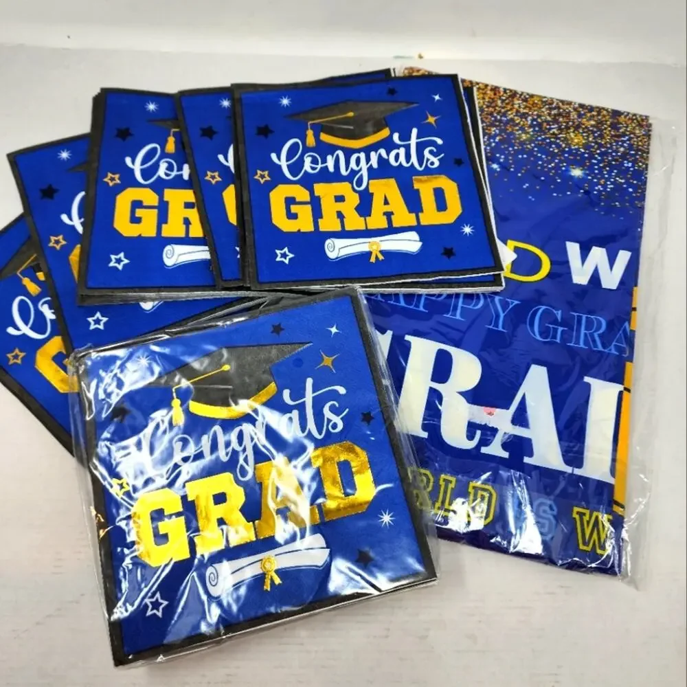 New Graduation Napkins & Large Platic Tablecloth 100 Napkins Blue Gold White